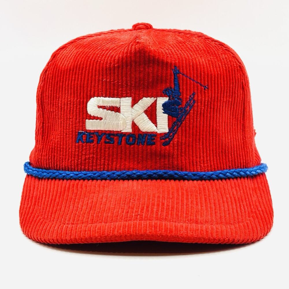Vintage SKI KEYSTONE Red Corduroy Hat Cap Bump Bonnets One Size Fits All